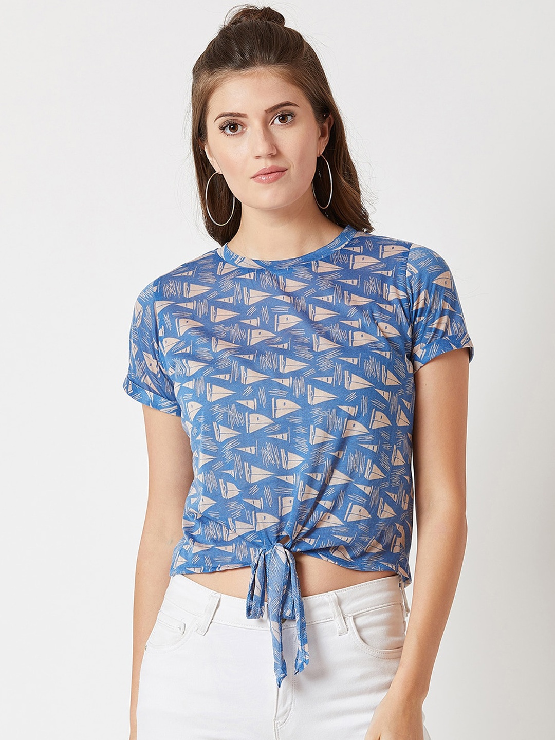 

Miss Chase Blue & Off White Crepe Regular Crop Top
