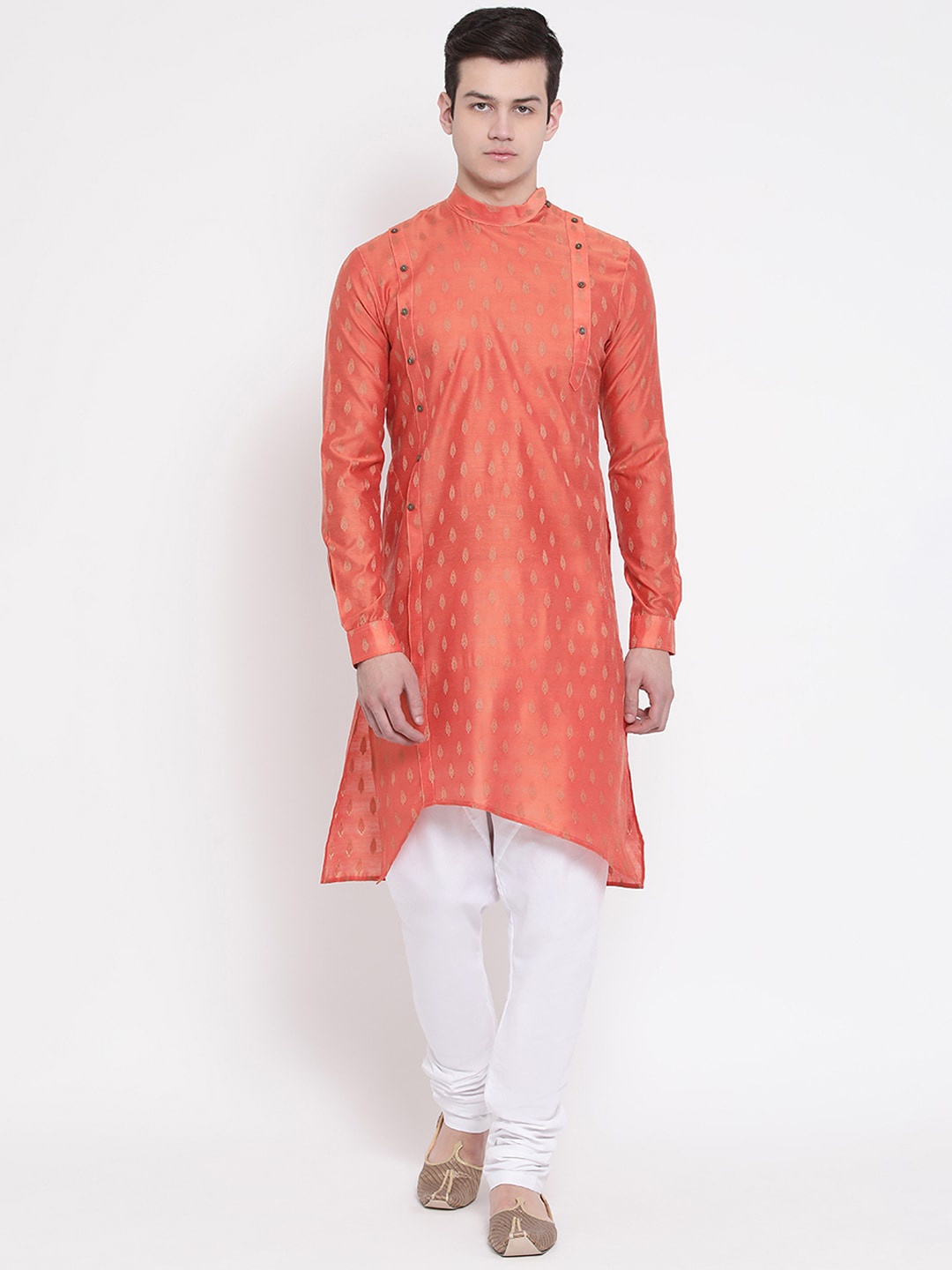 

NAMASKAR Men Orange Silk Self Design Flared Sleeves Thread Work Kurta