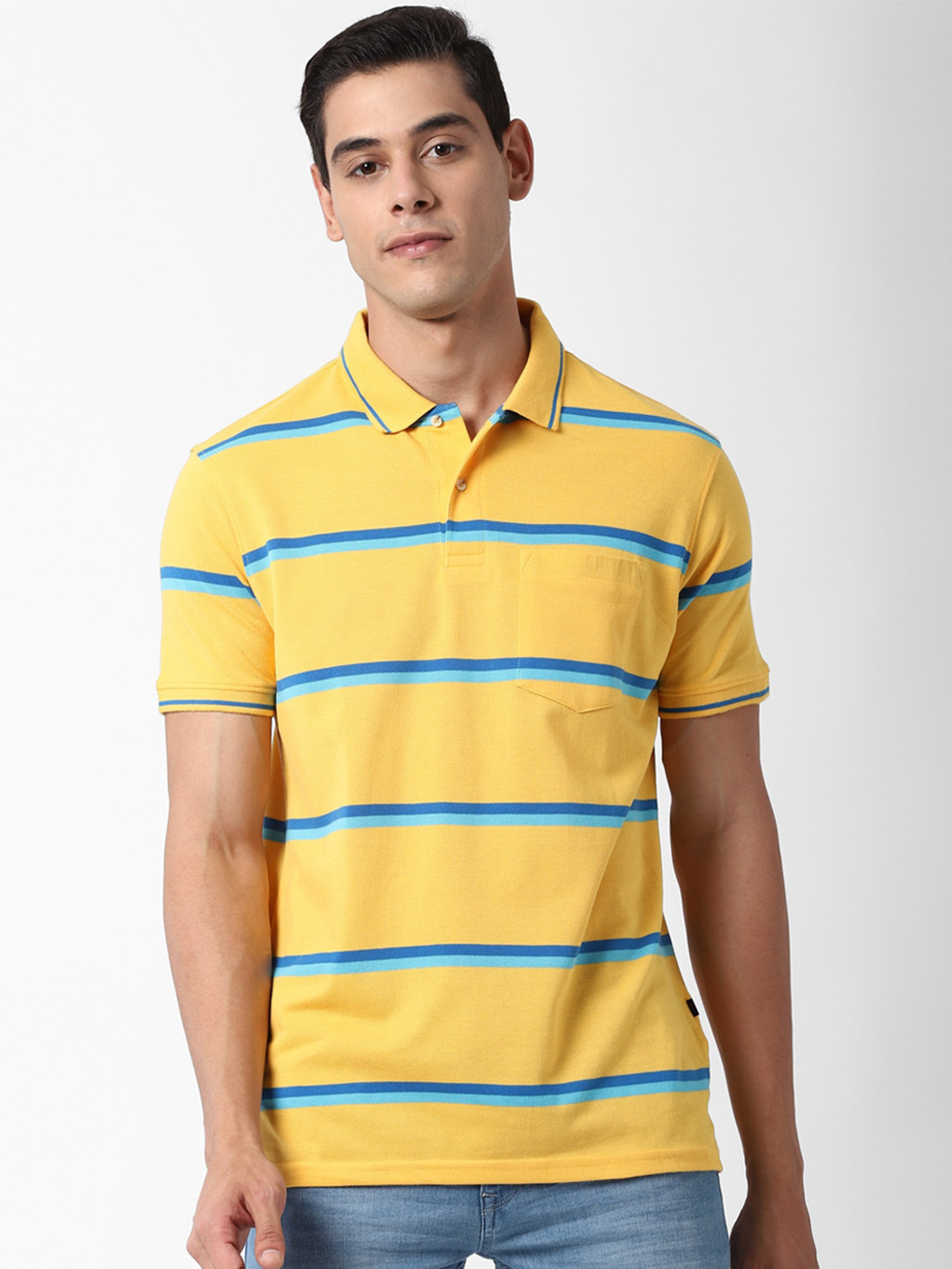 

Peter England Casuals Men Yellow & Blue Striped Polo Collar T-shirt