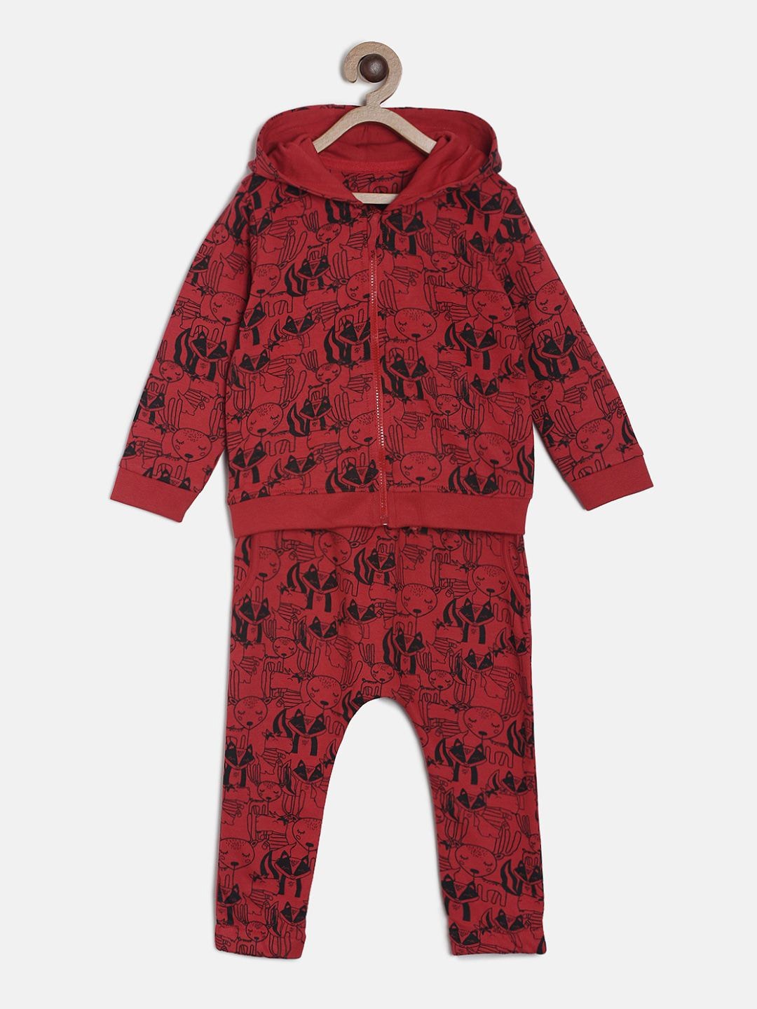 

MINI KLUB Girls Red & Black Conversational Print Cotton Tracksuit