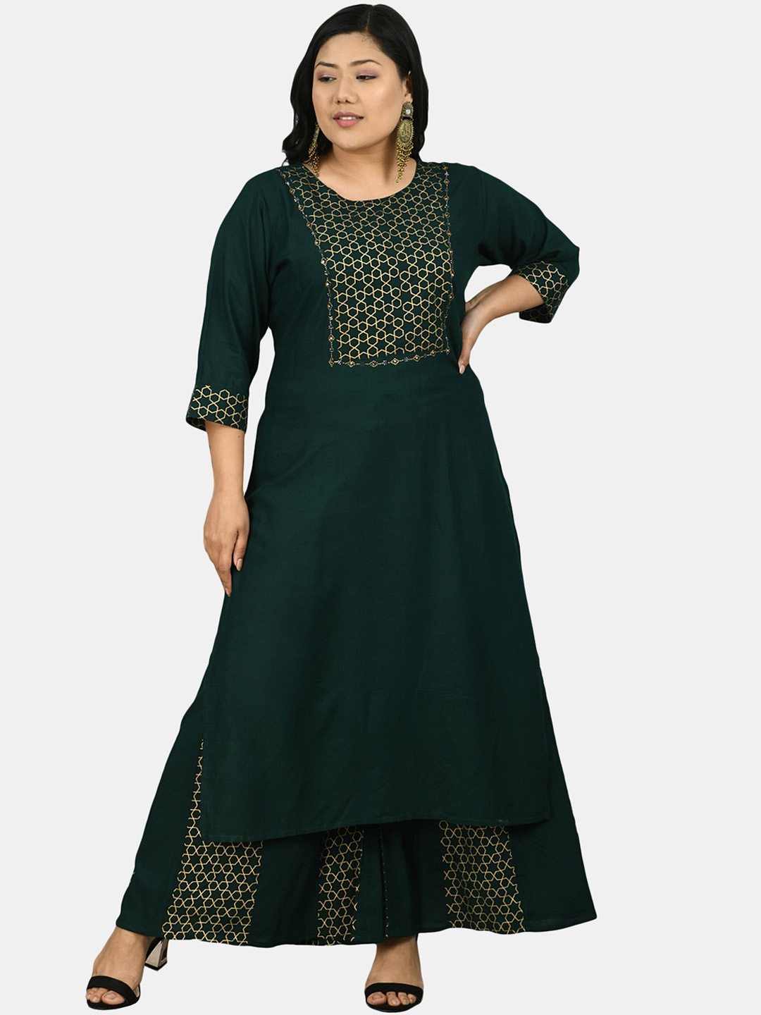 

PrettyPlus by Desinoor.com Women Bottle Green Printed Kurta & Palazzos