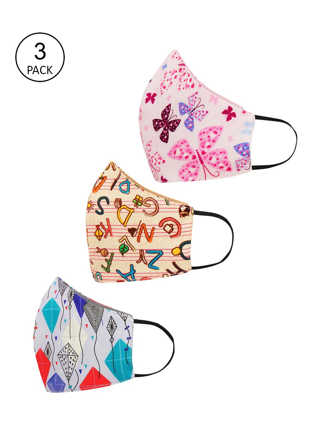 

Tossido Kids Pack Of 3 Printed 3-Ply Reusable 100% Cotton Cloth Face Masks, Pink