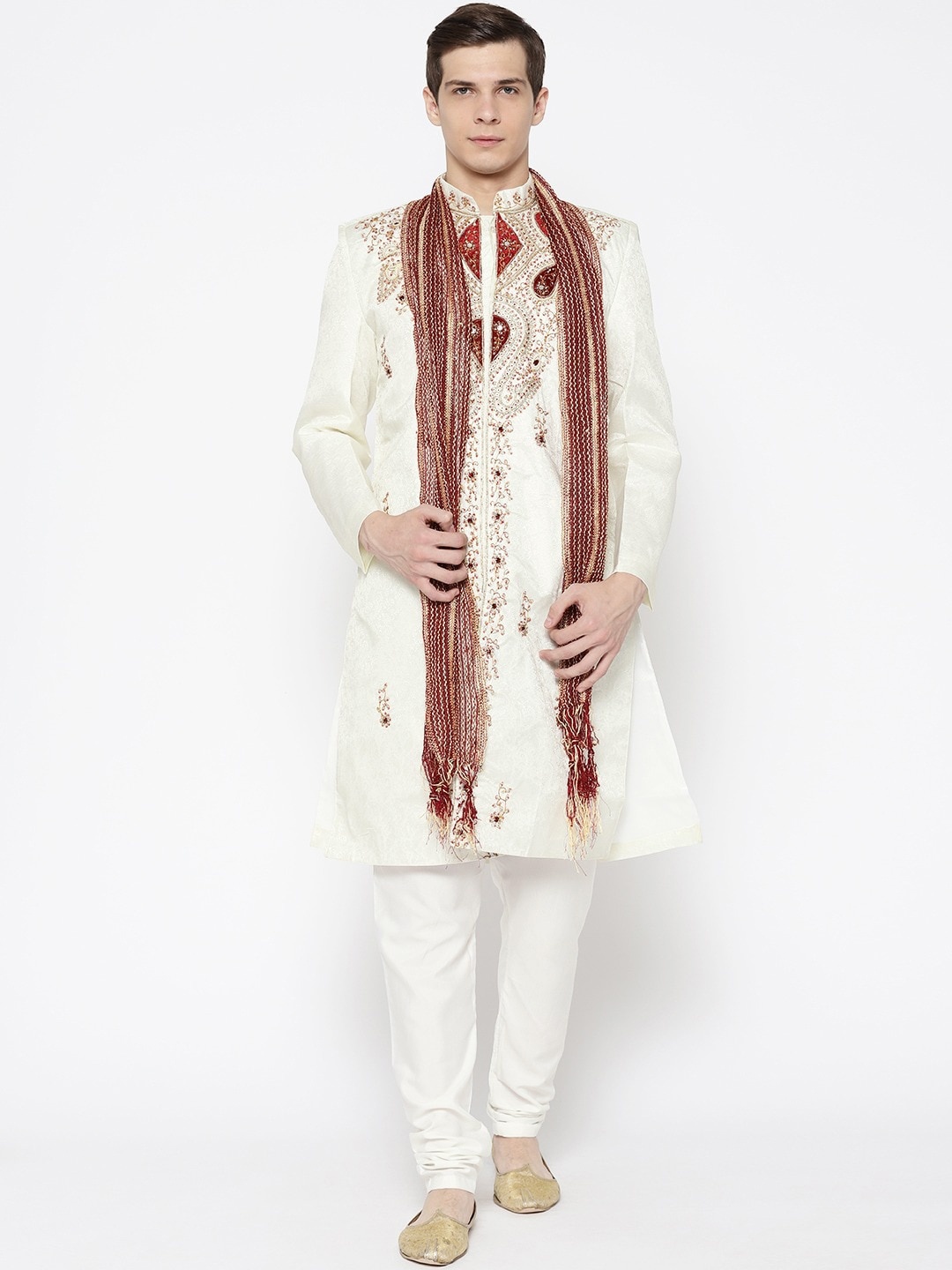 SG LEMAN Men Cream-Coloured & Maroon Raw Silk Sherwani Set