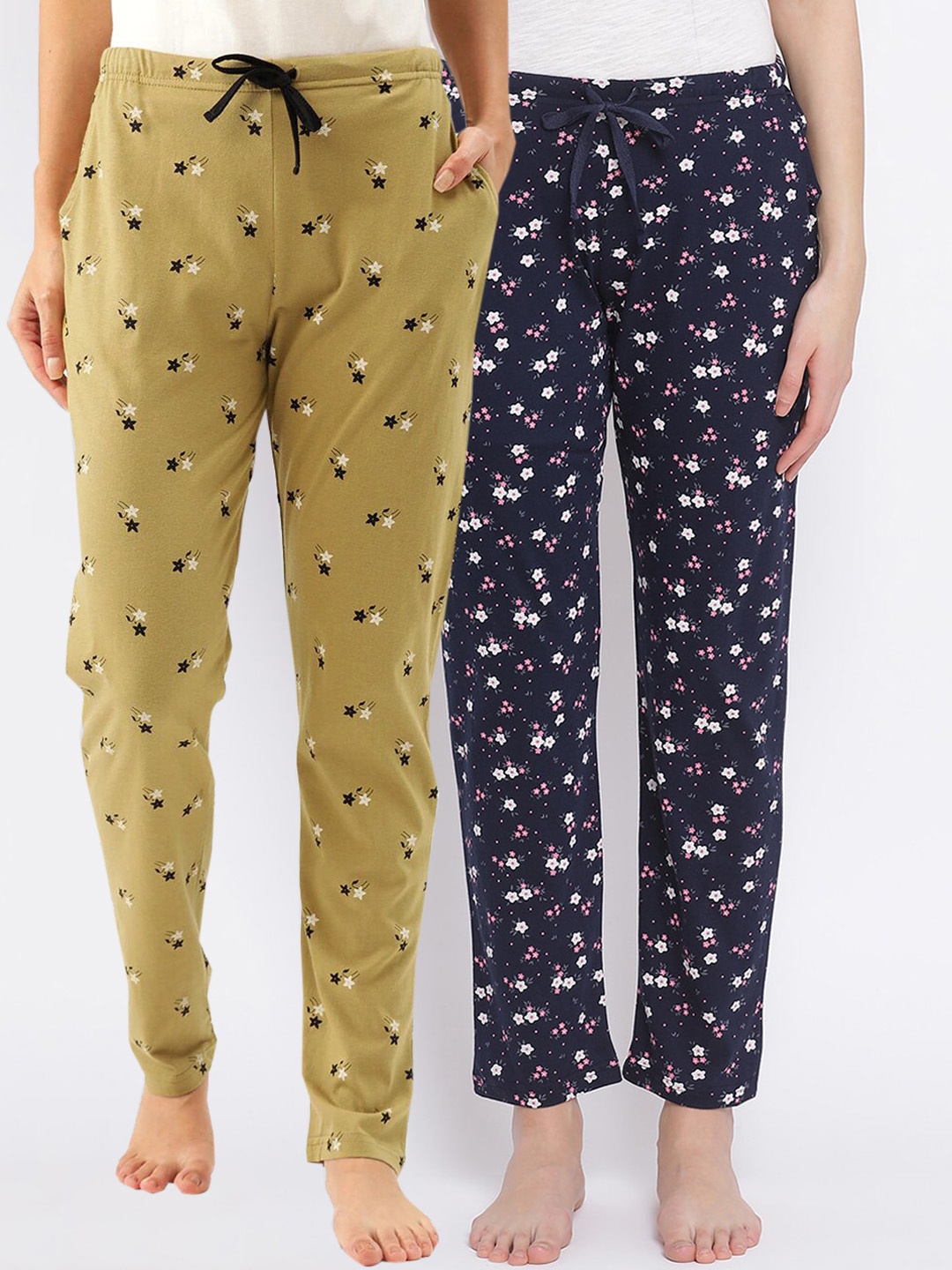 

Kanvin Women Pack of 2 Printed Pure Cotton Lounge Pants, Navy blue