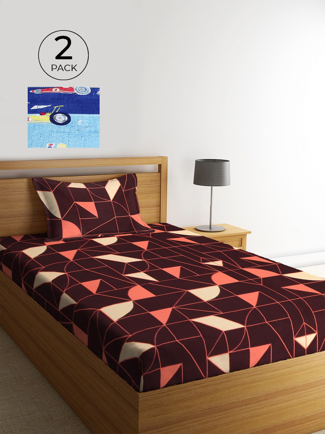 

KLOTTHE Maroon & Blue Geometric 210 TC Polycotton 2 Single Bedsheet with 2 Pillow Covers