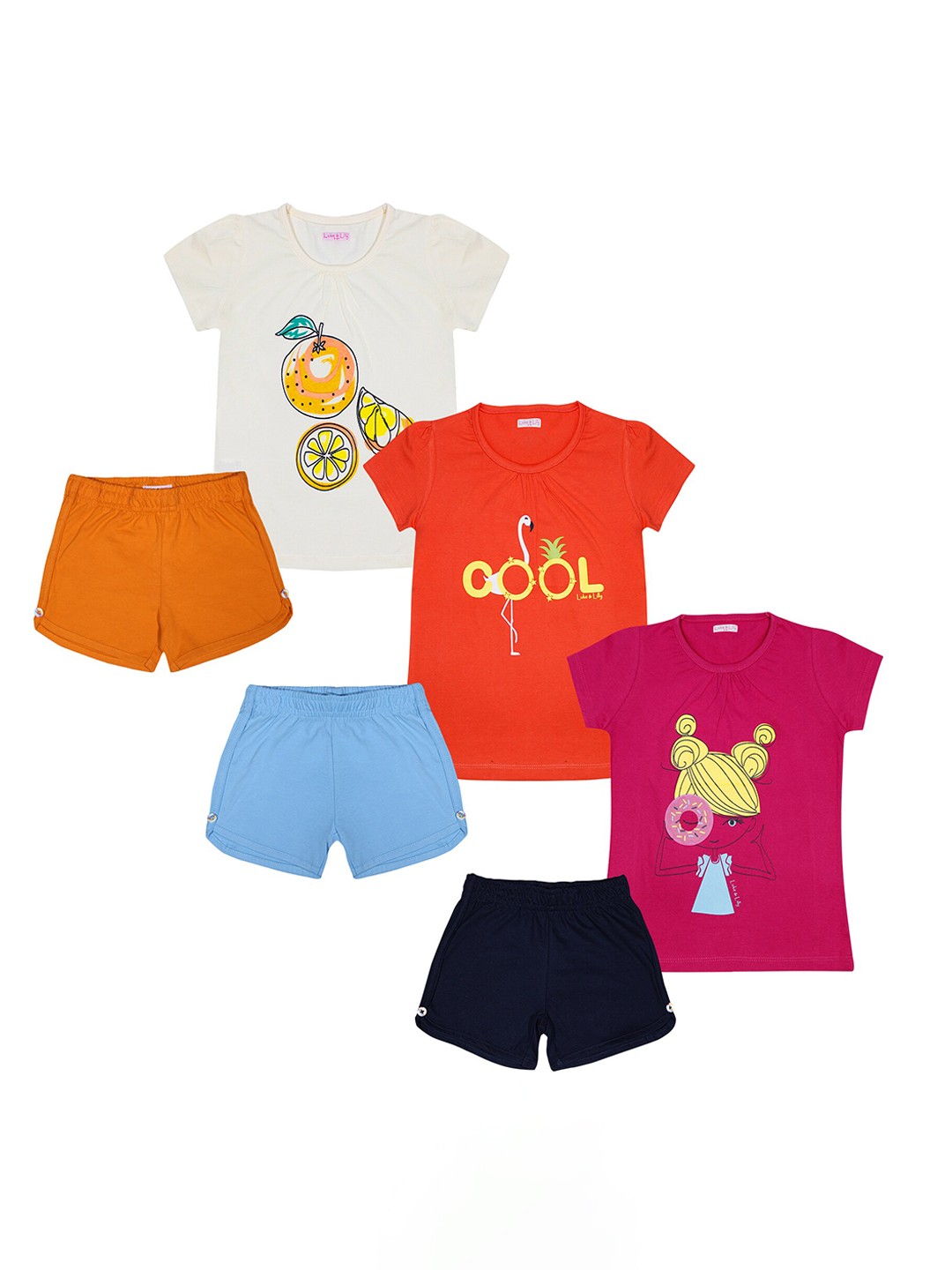 

Luke & Lilly Girls Set of 3 Pink & Orange Printed Pure Cotton T-shirt with Shorts