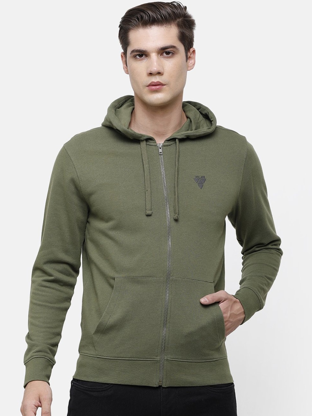 

Voi Jeans Men Olive Green Solid Cotton Terry Hooded Sweatshirt