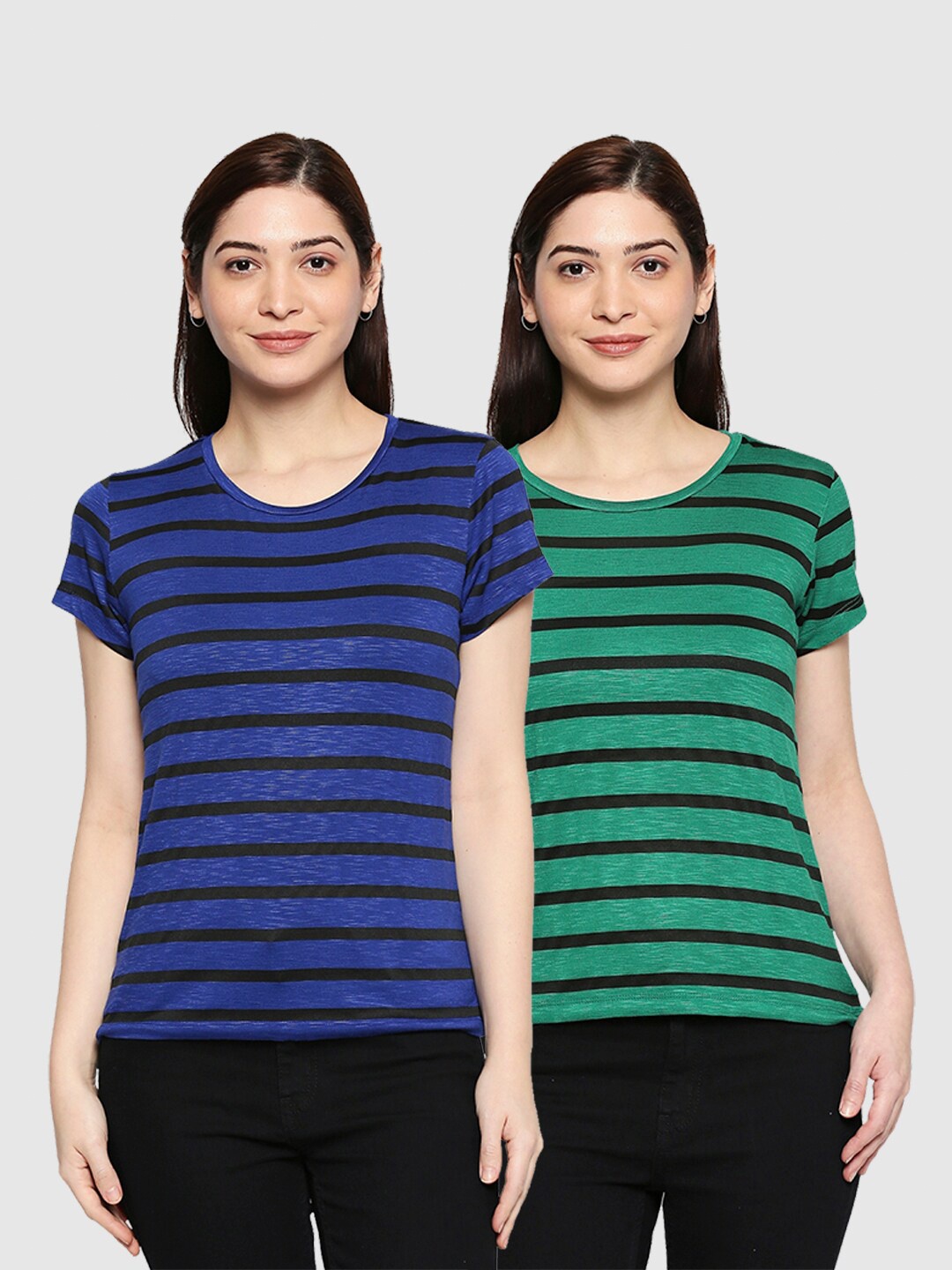 

inocenCia Women Pack of 2 Blue & Green Striped Round Neck T-shirt
