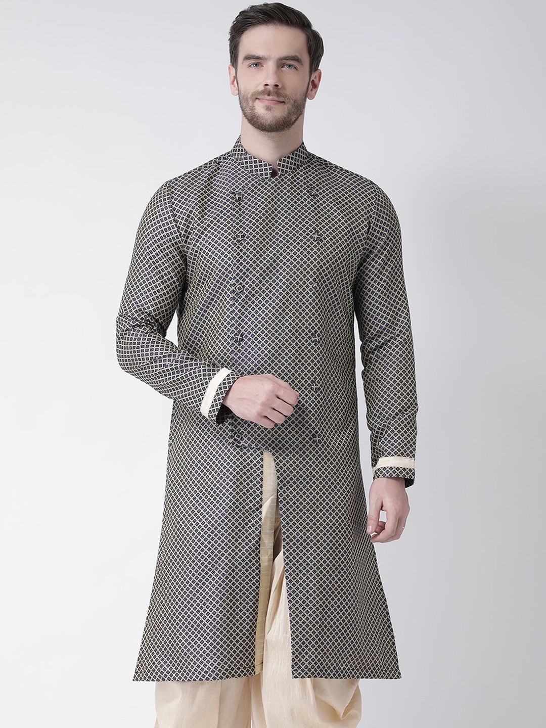 

DEYANN Men Navy Blue Geometric Jacquard Kurta