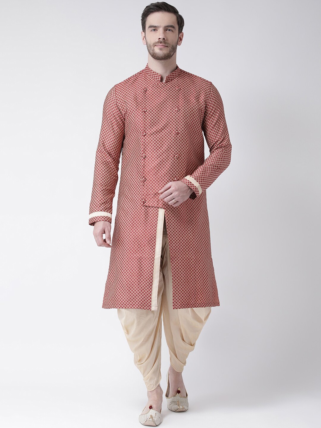 

DEYANN Men Maroon Geometric Jacquard Kurta