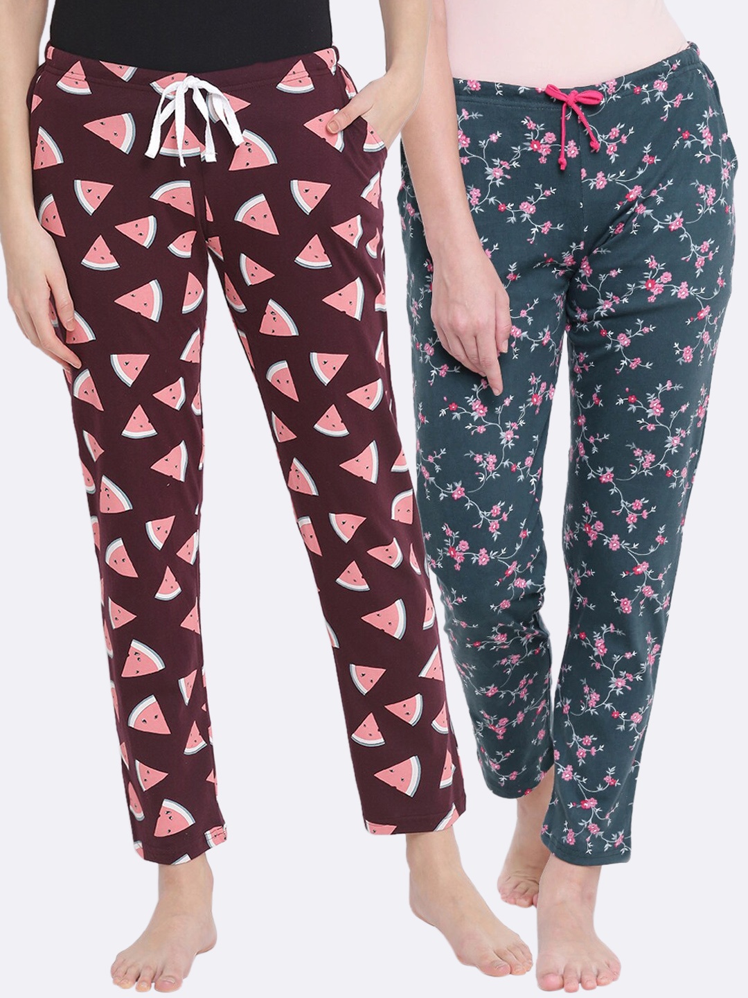 

Kanvin Women Pack of 2 Printed Pure Cotton Lounge Pants, Burgundy