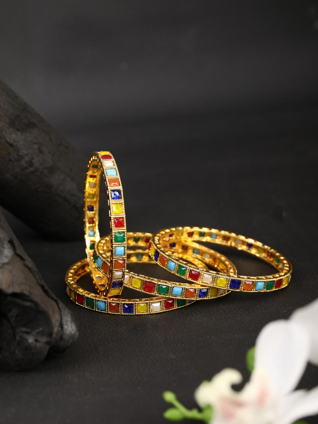 

Priyaasi Set Of 4 Multicoloured Gold-Plated Stone-Studded Handcrafted Bangles, Multi