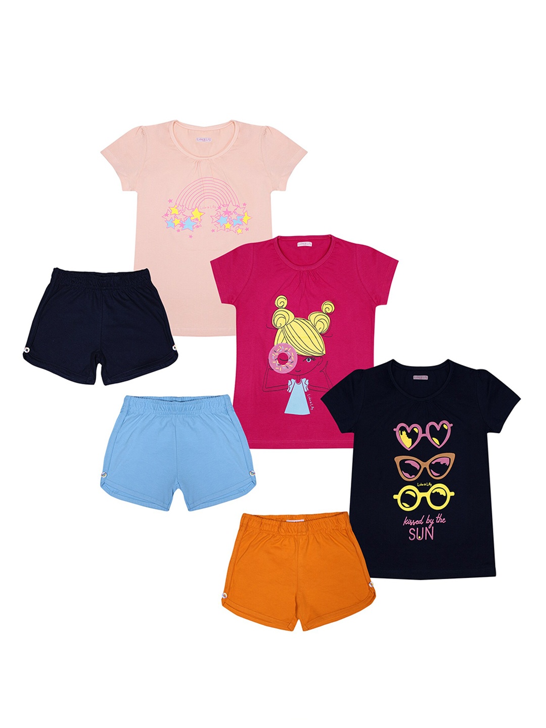 

Luke & Lilly Girls Navy Blue & Pink Set of 3 Printed T-shirt with Shorts