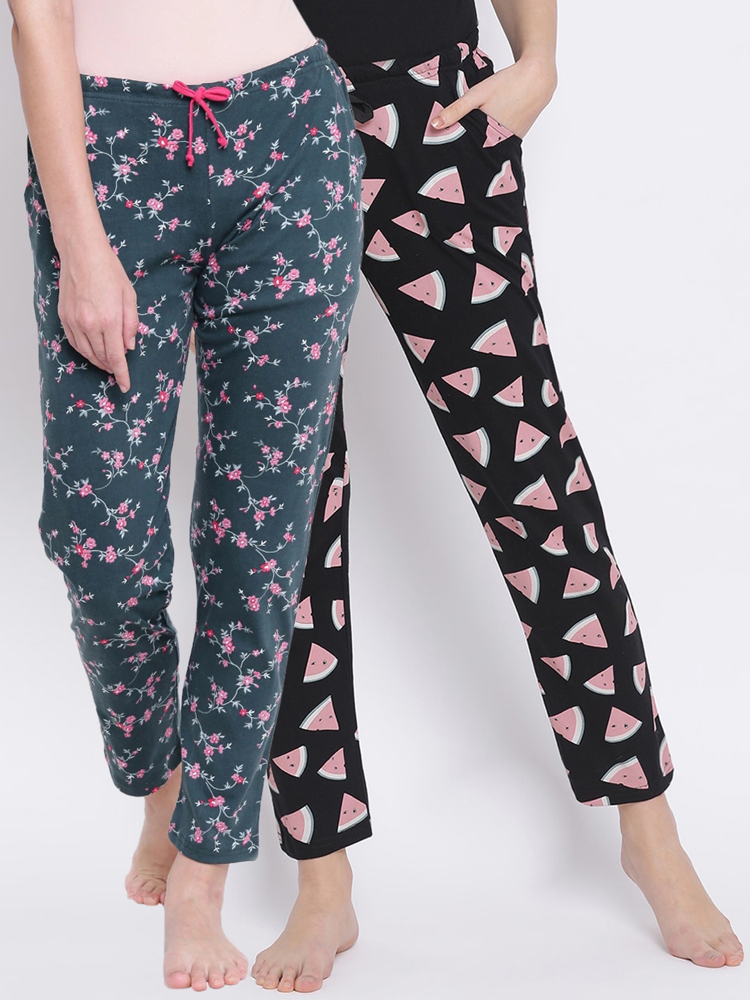 

Kanvin Women Pack of 2 Printed Pure Cotton Lounge Pants, Black