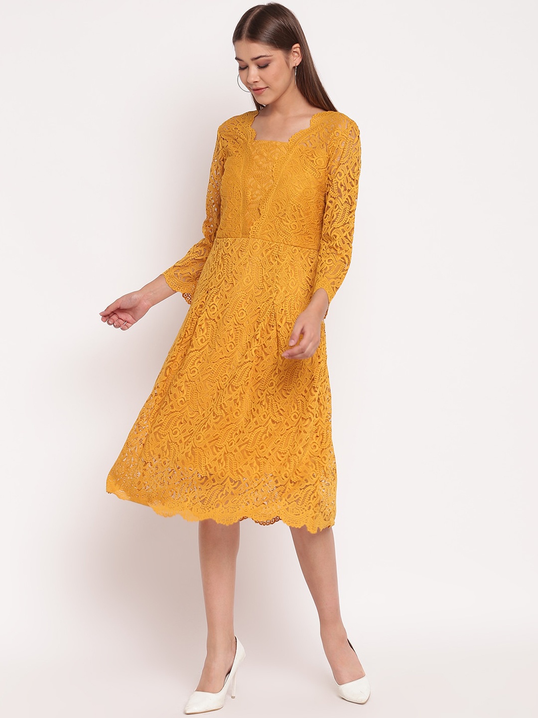 

AKIMIA Women Mustard Yellow Self Design Scalloped Lace Fit & Flare Dress