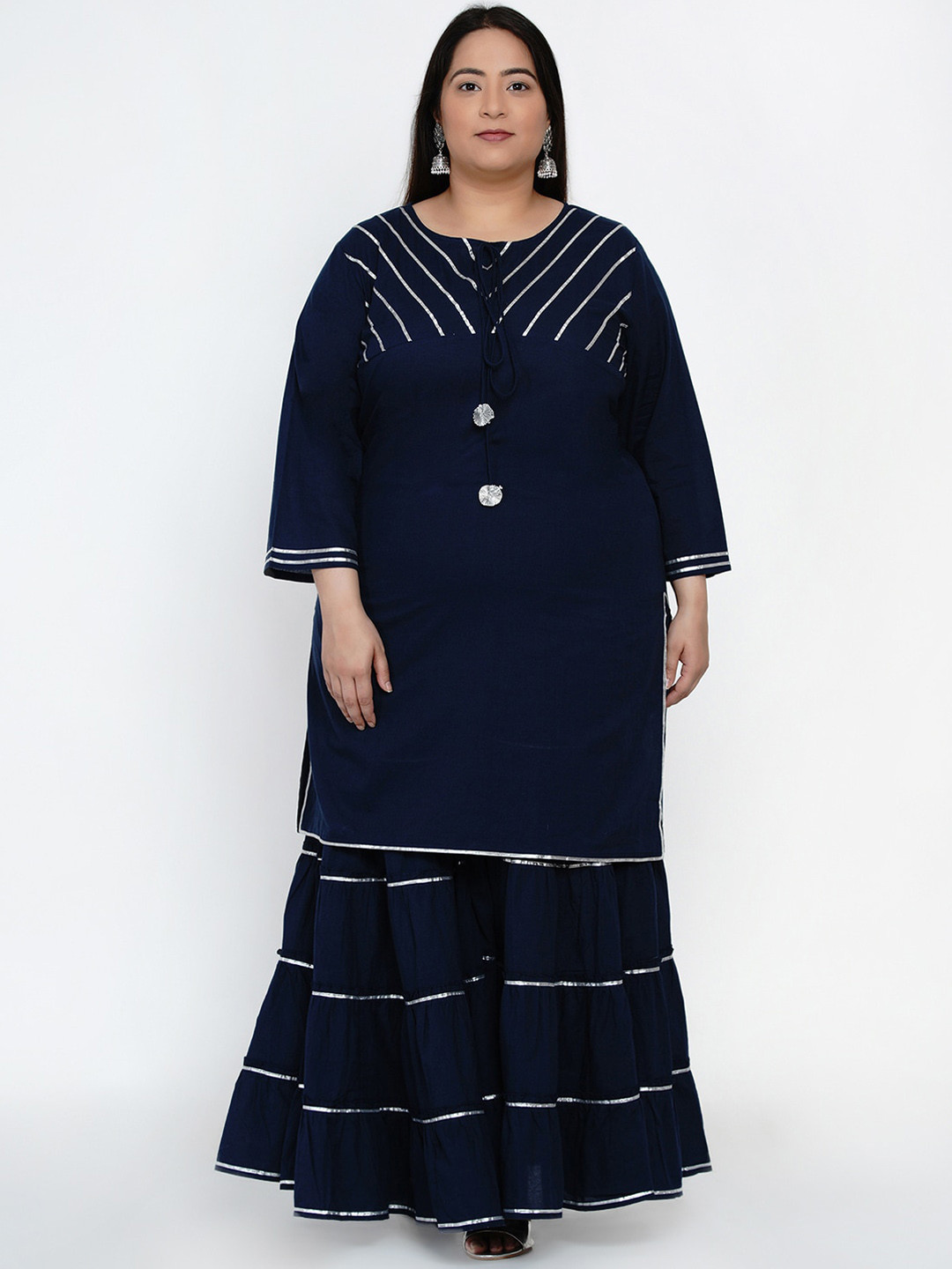 

Fabnest Curve Women Navy Blue Embroidered Gotta Patti Pure Cotton Kurta with Sharara