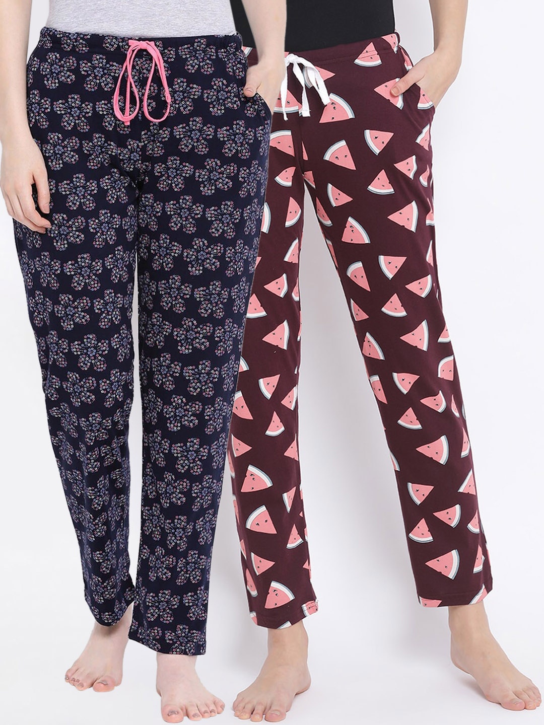 

Kanvin Women Pack of 2 Printed Pure Cotton Lounge Pants, Navy blue