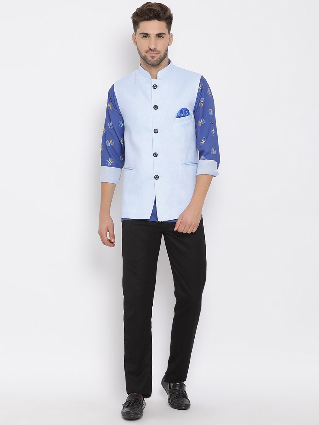 

Hangup Men Blue Printed Shirt with Trousers & Nehru Jacket