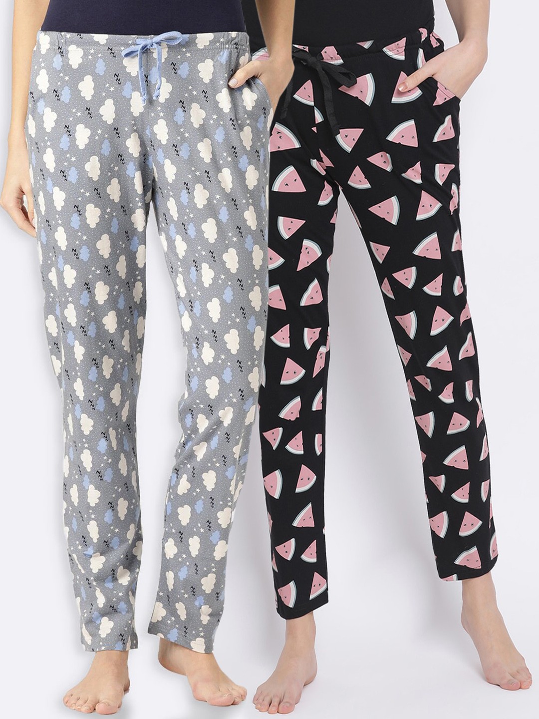

Kanvin Women Pack of 2 Printed Pure Cotton Lounge Pants, Black