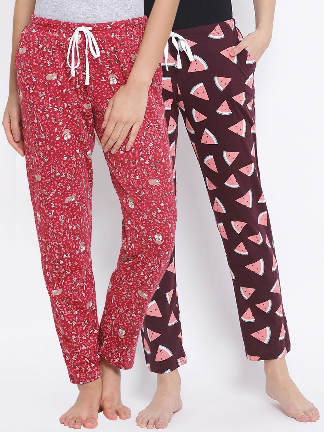 

Kanvin Women Pack of 2 Printed Pure Cotton Lounge Pants, Burgundy