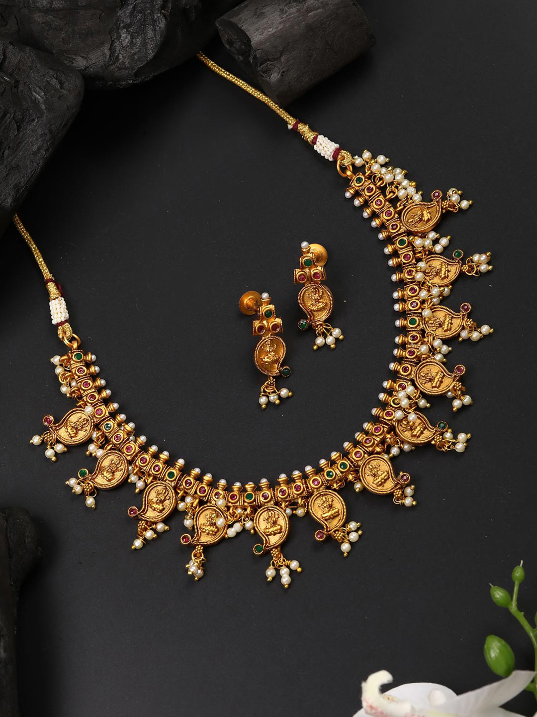 

Priyaasi Pink & Green Gold-Plated Stone-Studded & Beaded Handcrafted Temple Jewellery Set