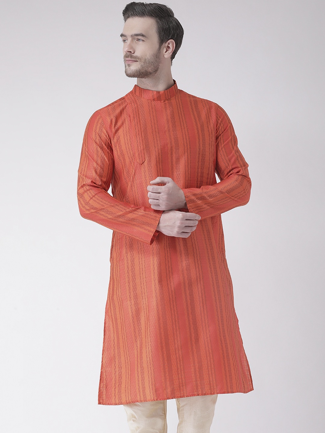 

DEYANN Men Orange Striped Kurta