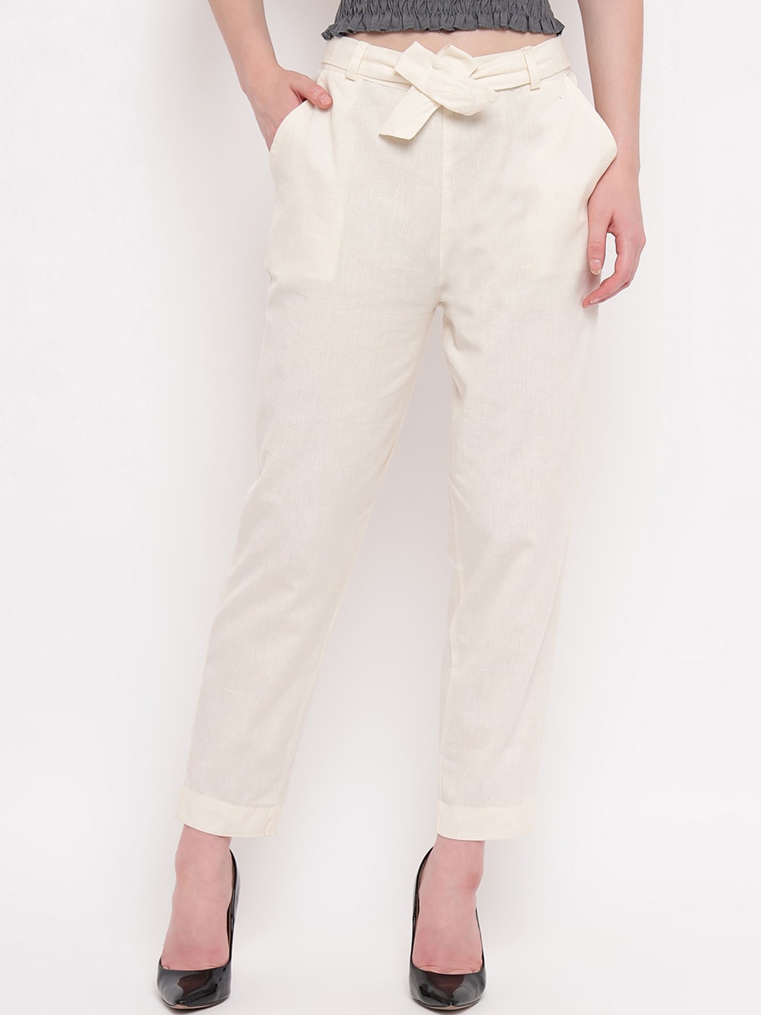 

Aawari Women Off-White Regular Fit Solid Peg Trousers