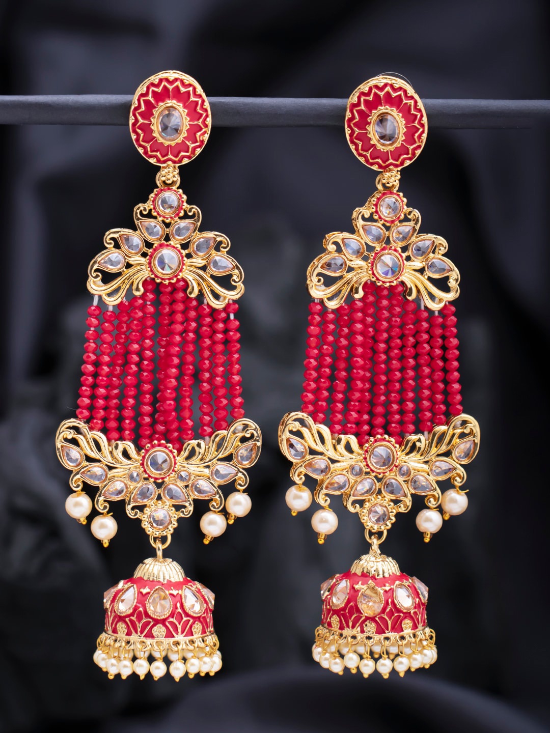 

Sukkhi Gold-Toned & Pink Contemporary Meenakari Jhumkas