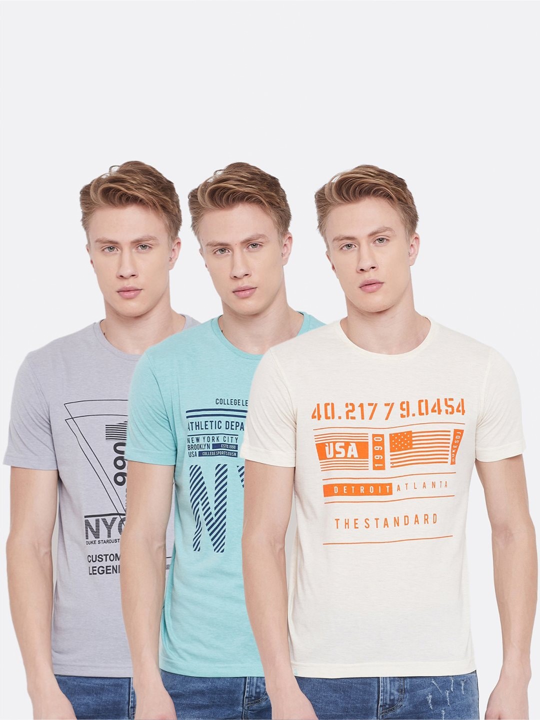 

Duke Men Pack of 3 Off-White Blue & Purple Printed Round Neck Cotton T-shirts