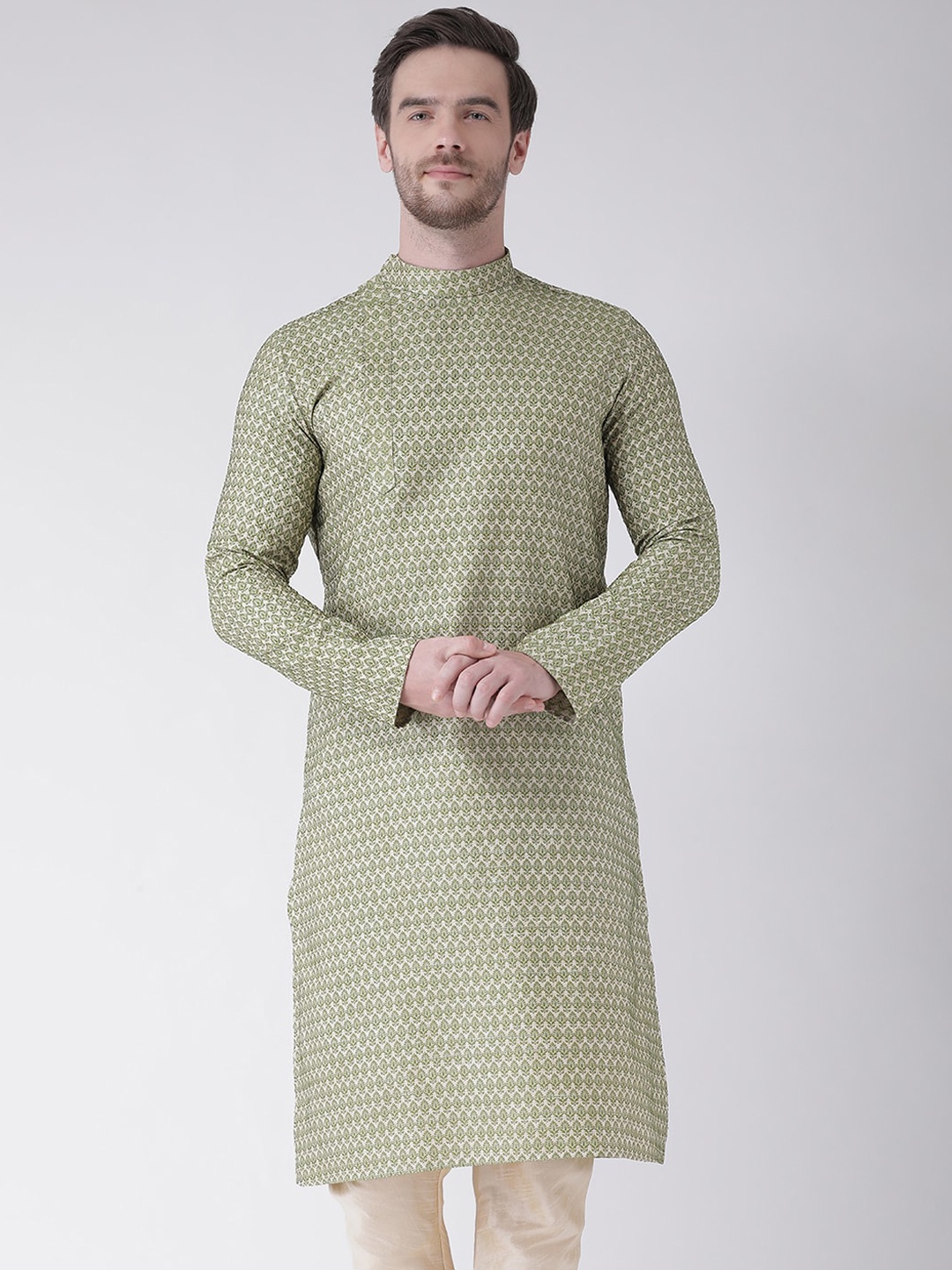 

DEYANN Men Green & Off White Ethnic Motifs Kurta