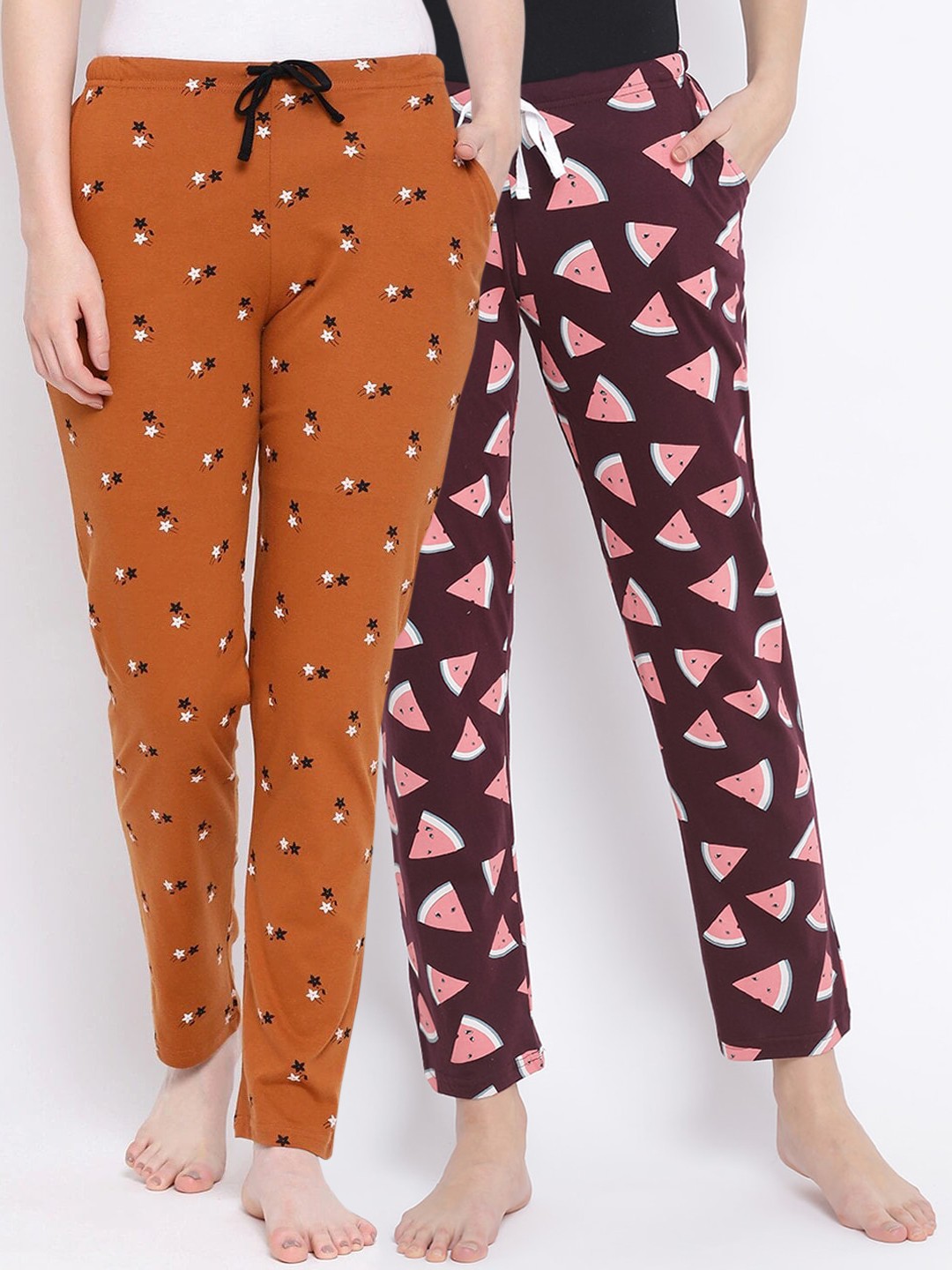 Kanvin Women Pack of 2 Printed Pure Cotton Lounge Pants, Rust