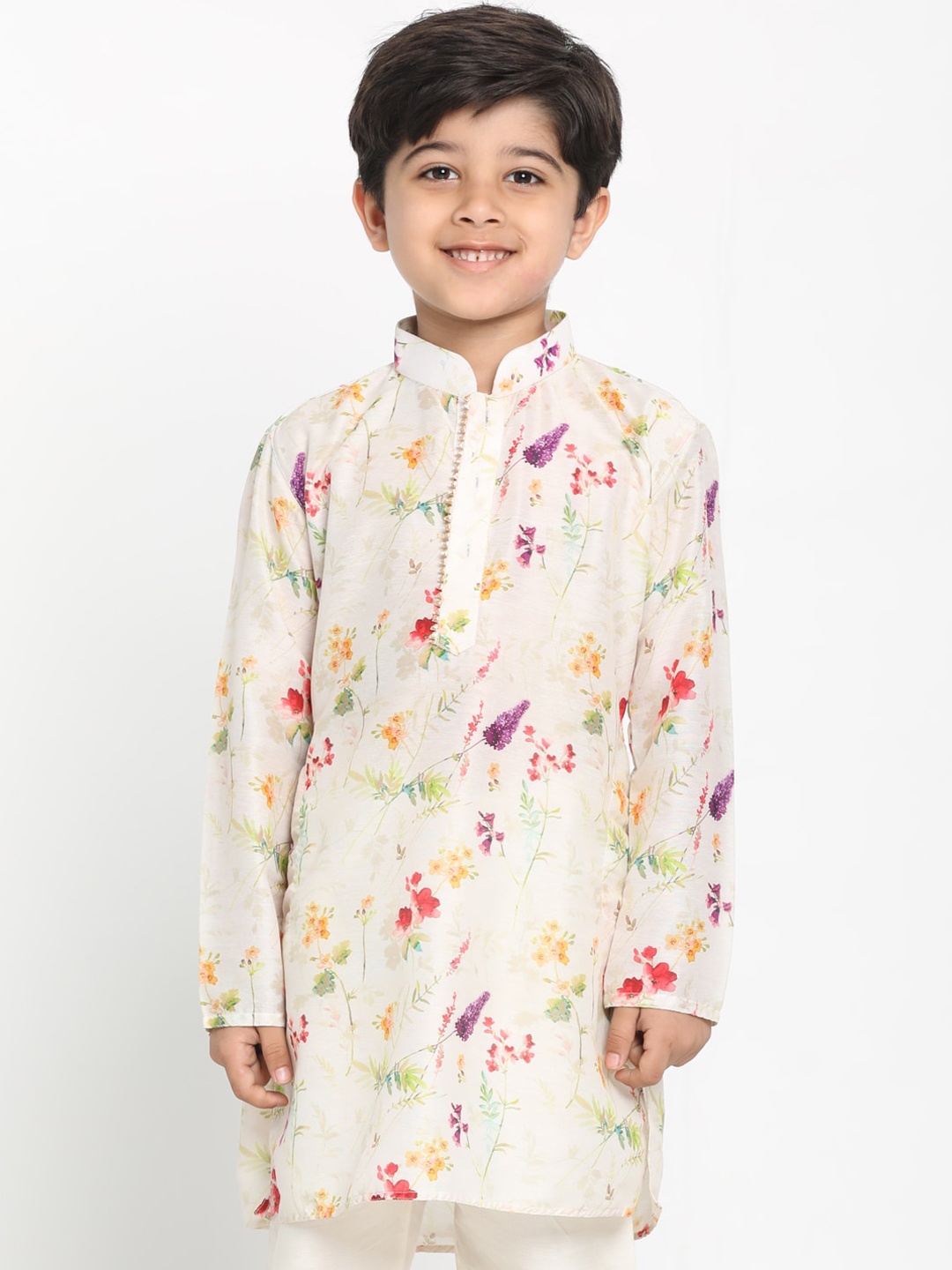 

VASTRAMAY Boys Cream-Coloured & Orange Floral Printed Kurta