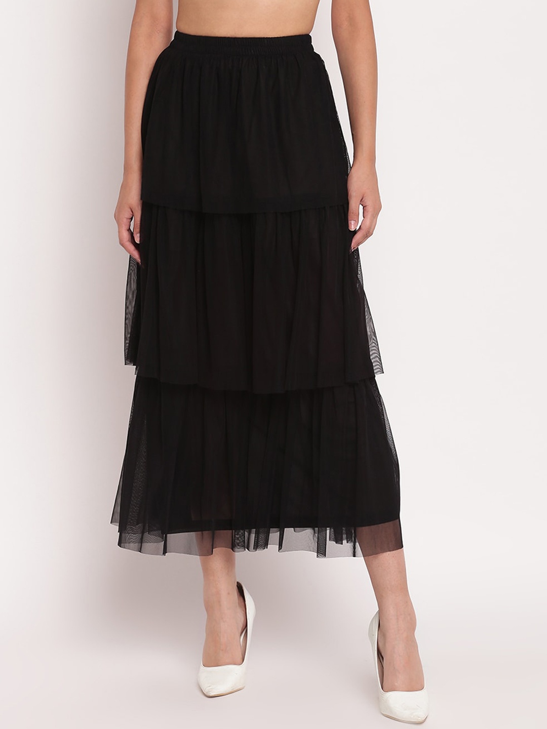

AKIMIA Black Flared Layered Midi Net Skirt