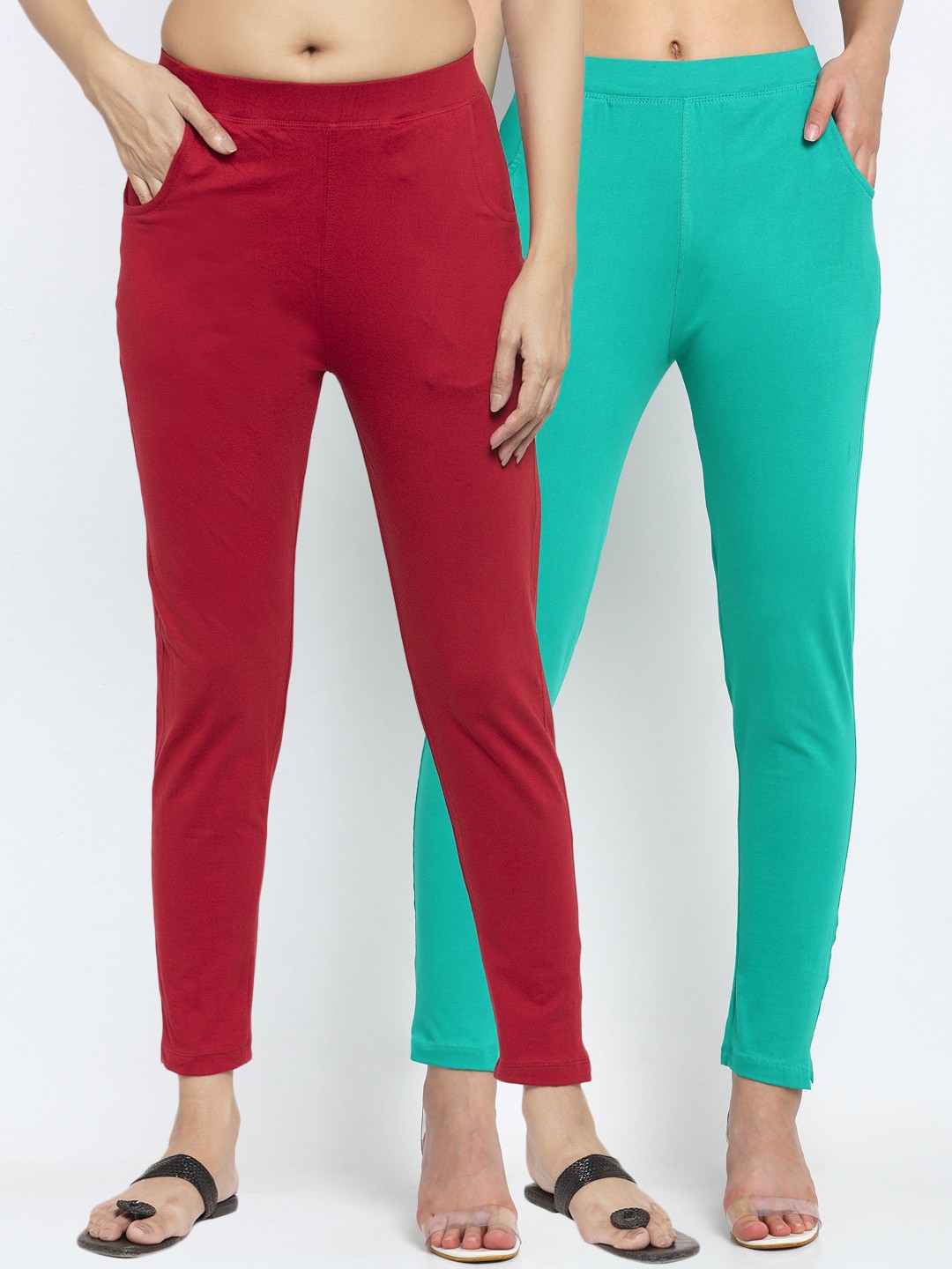 

NEUDIS Women Pack of 2 Teal Blue & Maroon Cotton Ankle Length Leggings