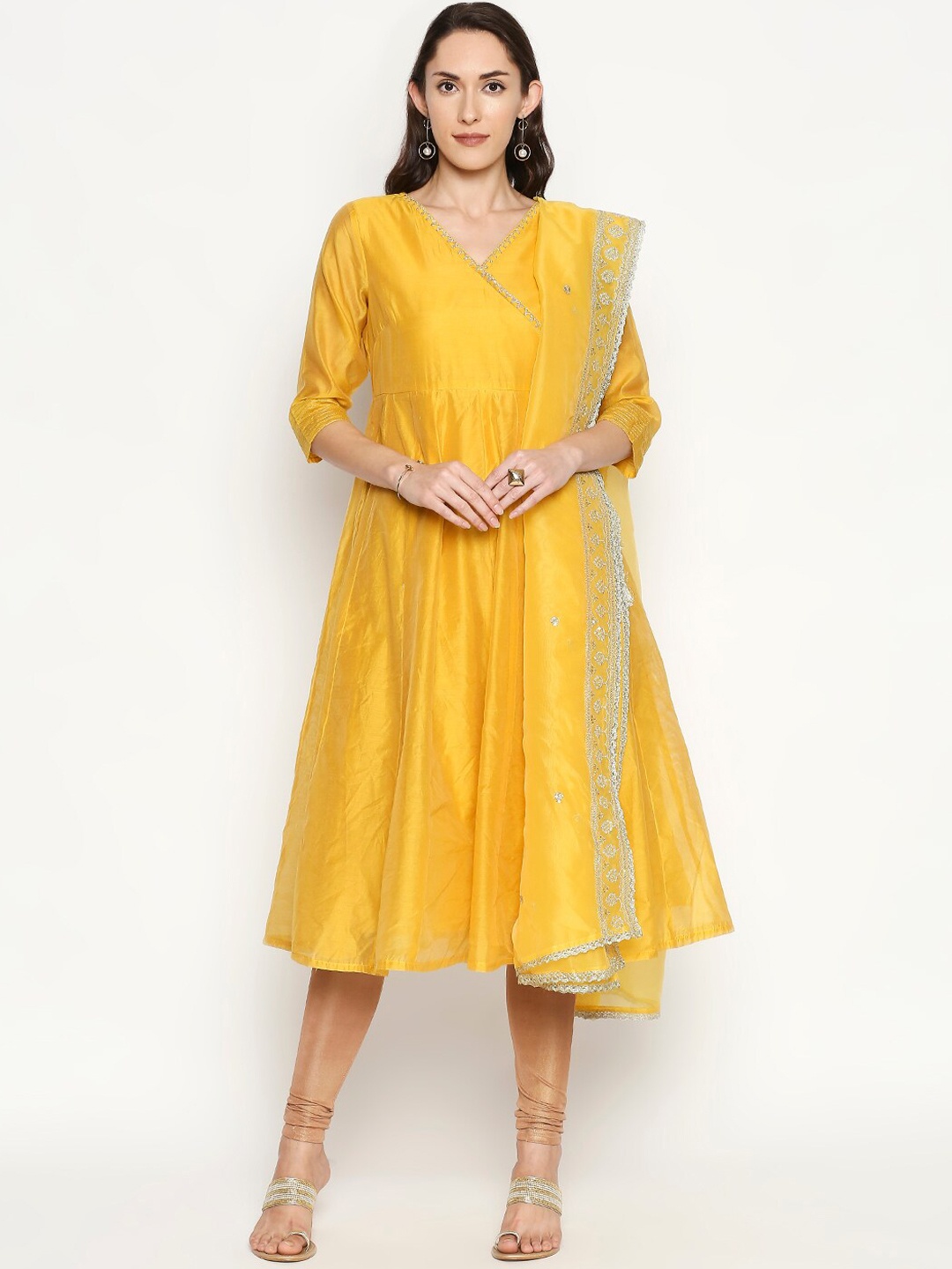 

RANGMANCH BY PANTALOONS Women Yellow Gotta Patti Anarkali Kurta