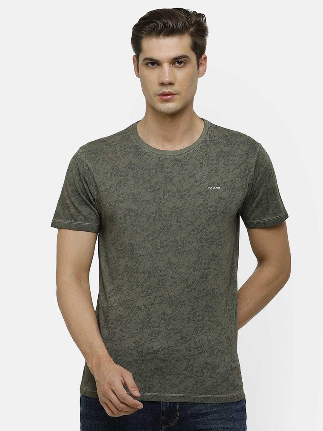

Voi Jeans Men Olive Green Printed Round Neck Pure Cotton T-shirt