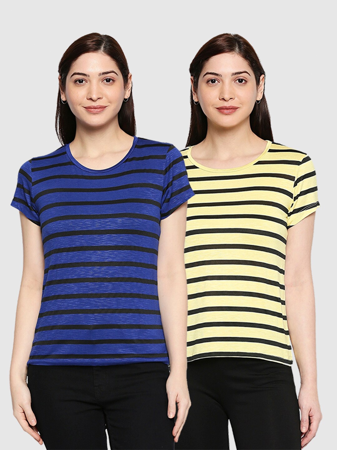 

inocenCia Women Pack of 2 Blue & Yellow Striped Round Neck T-shirt