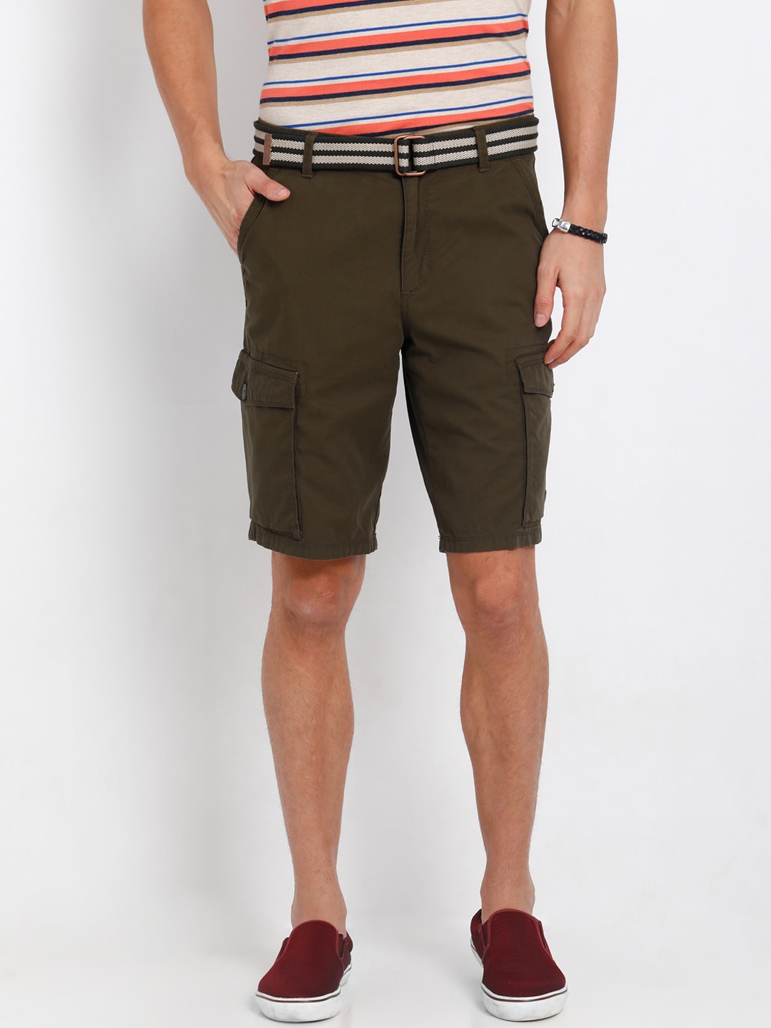 

t-base Men Olive Green Solid Regular Fit Cargo Shorts