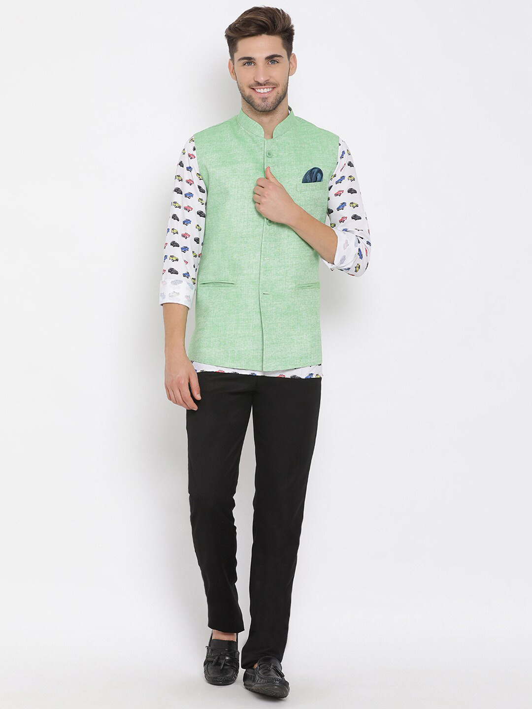 

Hangup Men White & Black Printed Shirt with Trousers & Nehru Jacket