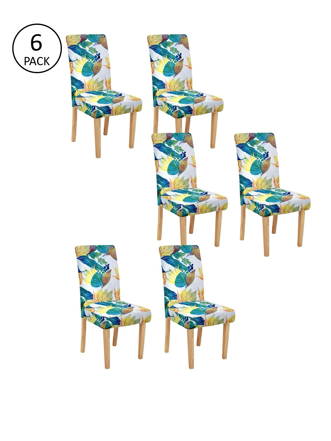 Cortina Set Of 6 Off White & Teal Blue Printed Chair Covers