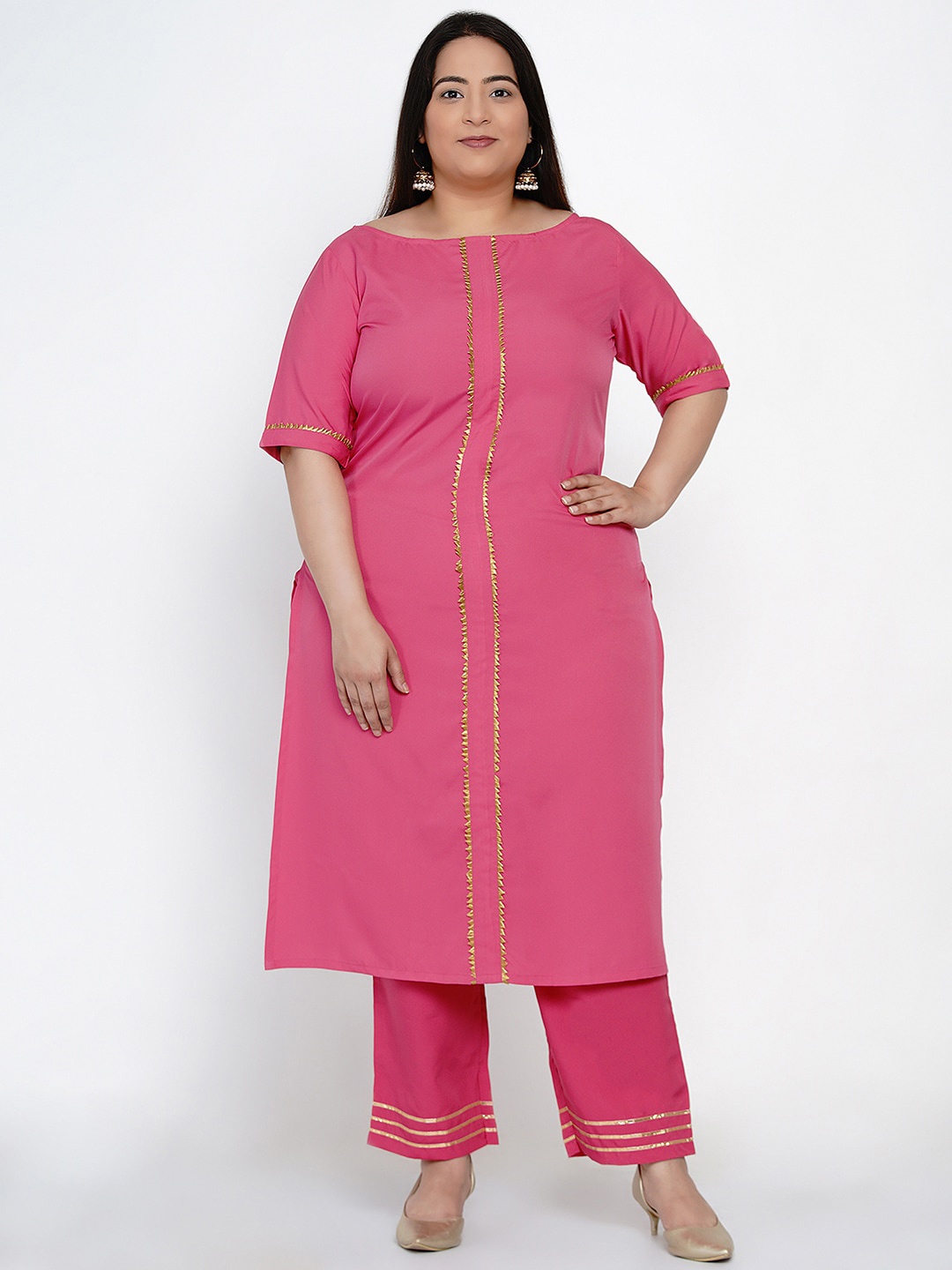

Fabnest Curve Women Pink Embroidered Pleated A-Line Gotta Patti Kurta with Palazzos