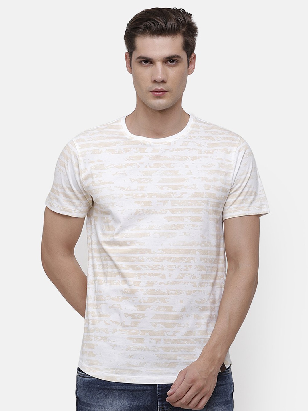 

Voi Jeans Men Beige White Striped Round Neck Cotton Pure Cotton T-shirt