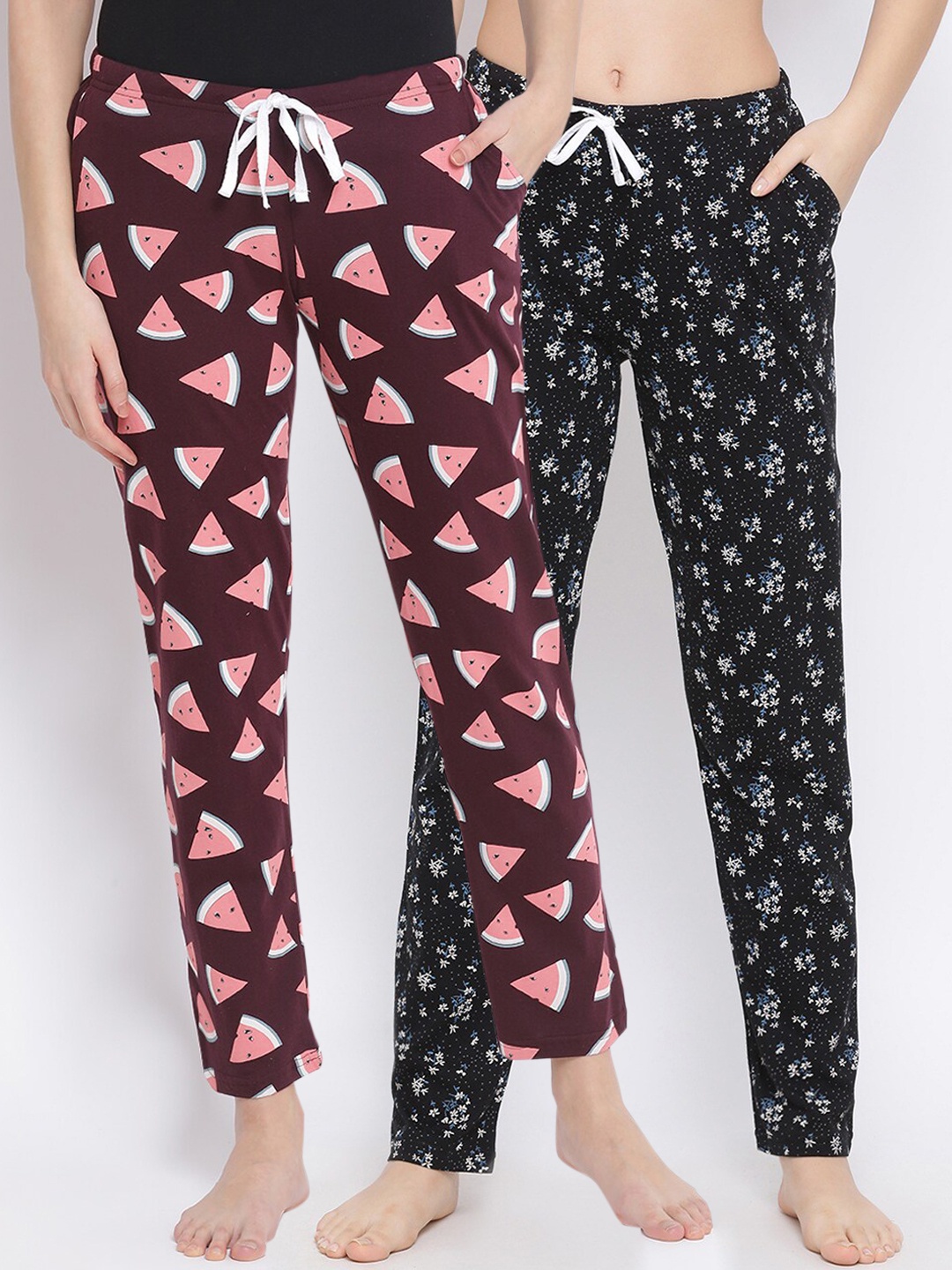 

Kanvin Women Pack of 2 Printed Pure Cotton Lounge Pants, Burgundy