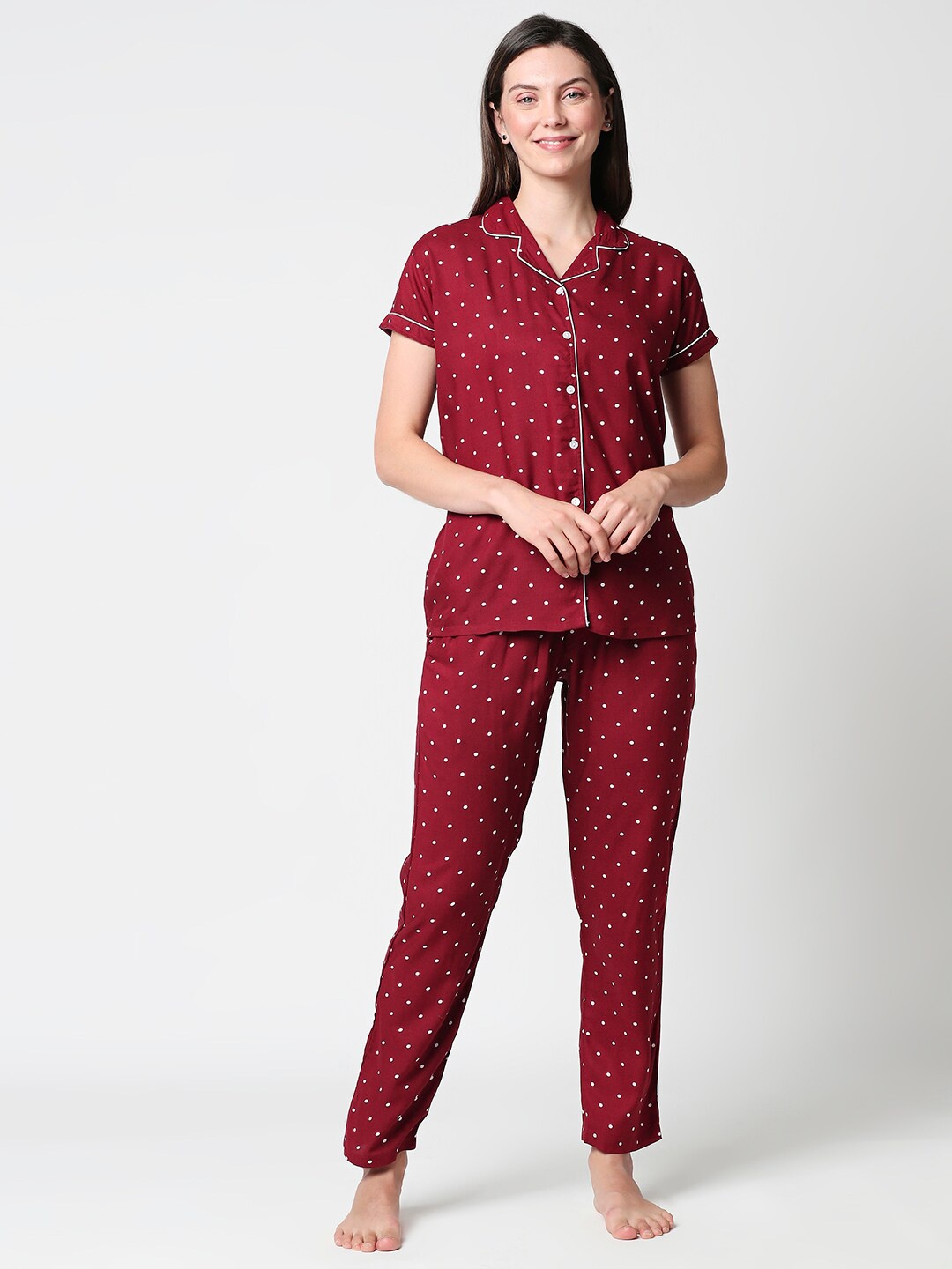 

Zeyo Women Maroon & White Polka Dot Printed Night Suit