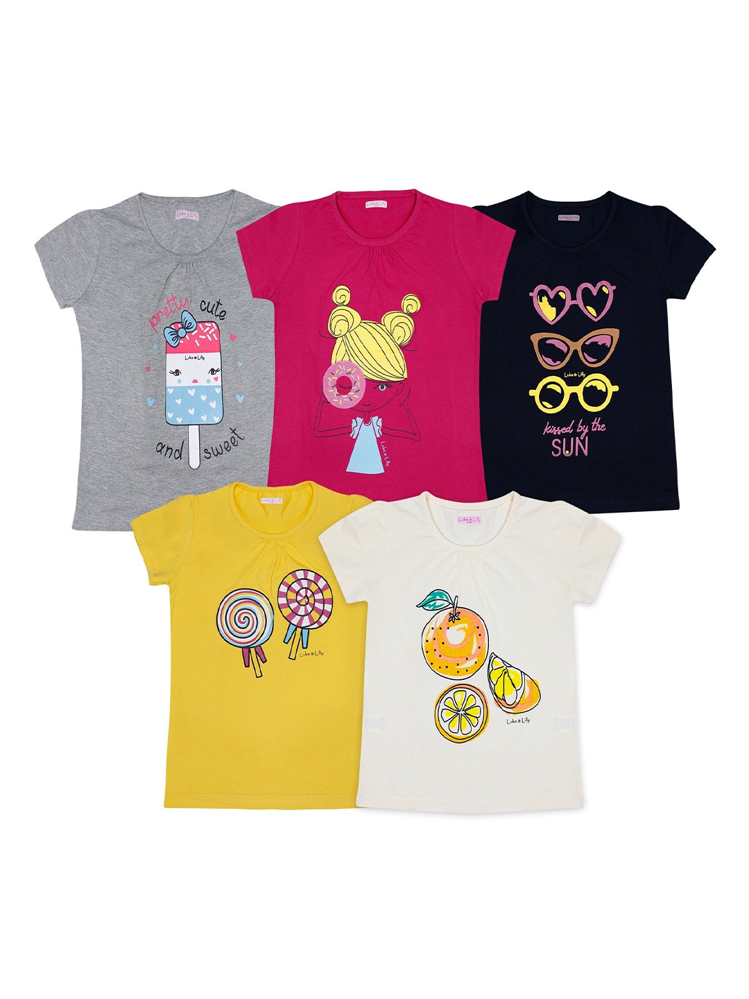

Luke & Lilly Pack of 5 Girls Printed Round Neck T-shirt, Grey