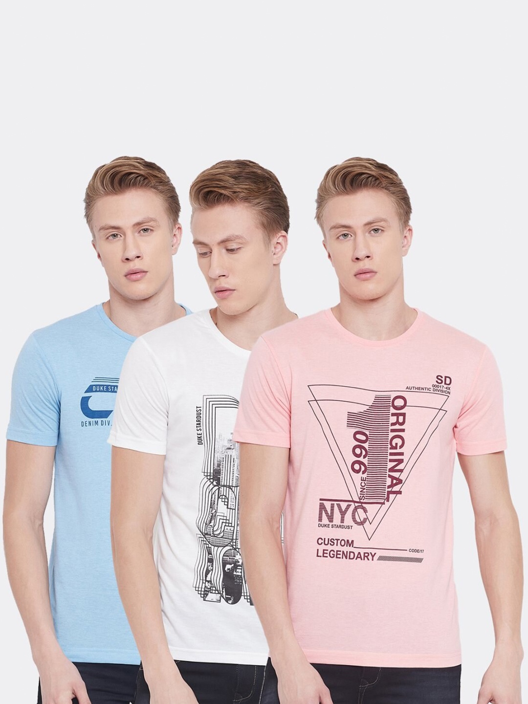 

Duke Men Pack of 3 Blue White & Pink Printed Round Neck Cotton T-shirts