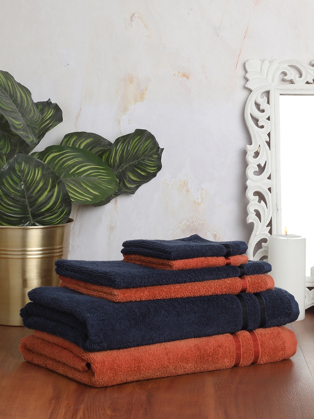 

SPACES Unisex Pack of 6 Navy Blue & Rust Orange Solid Cotton 500 GSM Towels