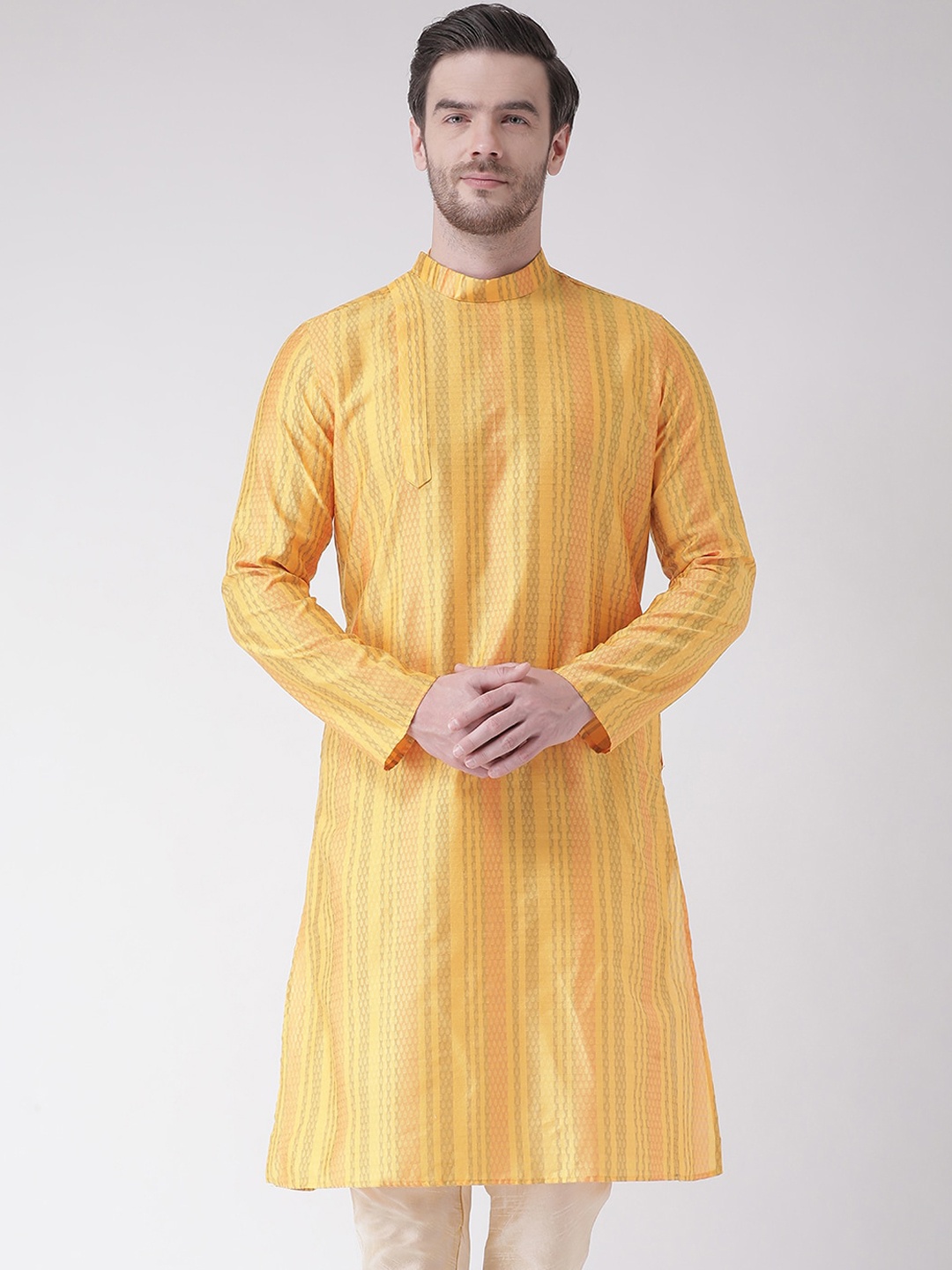 DEYANN Men Yellow Striped Jacquard Kurta