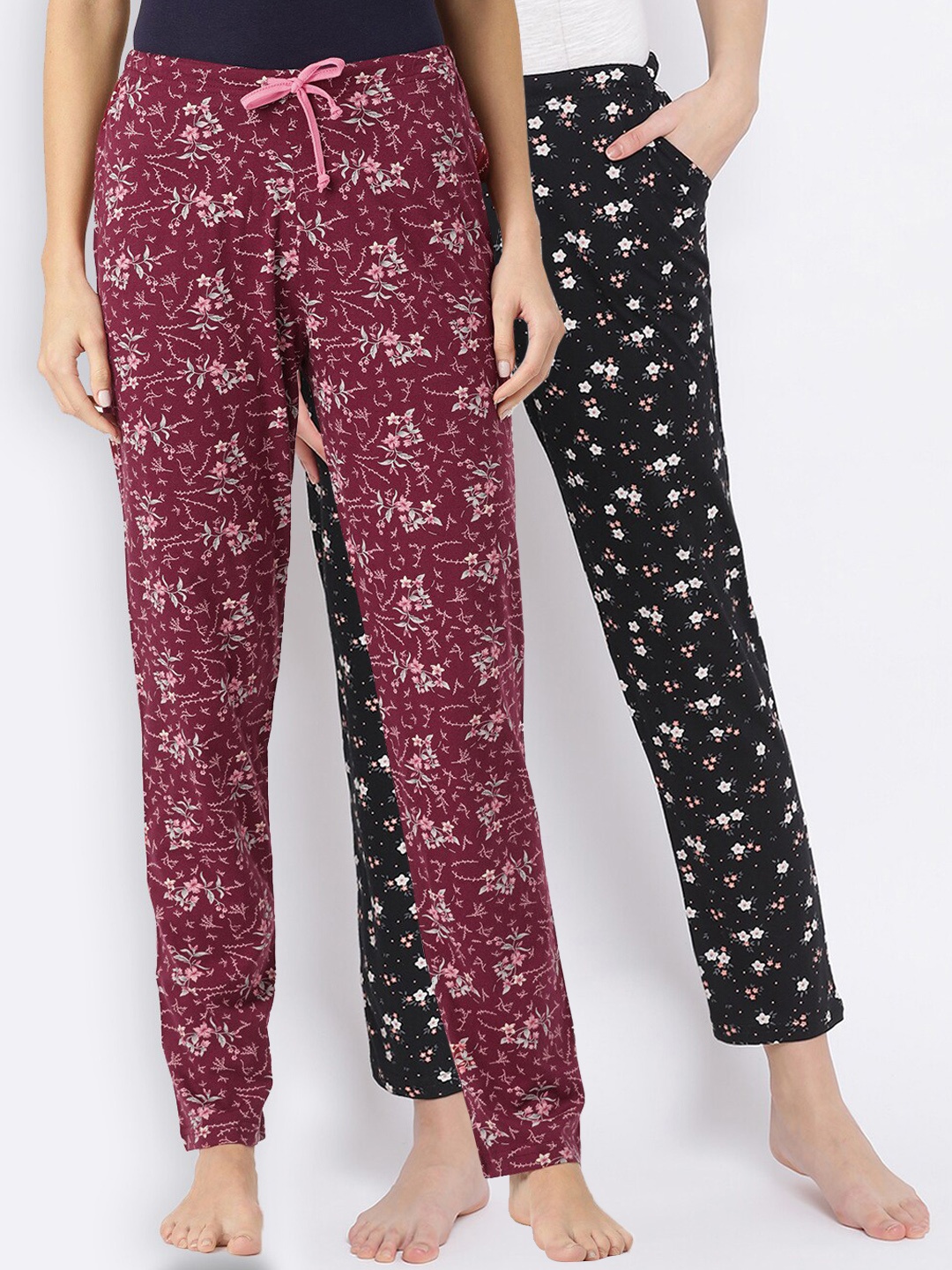Kanvin Women Pack of 2 Floral Print Pure Cotton Lounge Pants, Black