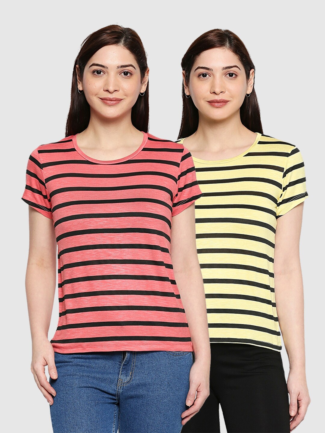 

inocenCia Women Pack of 2 Coral & Yellow Striped Round Neck T-shirt